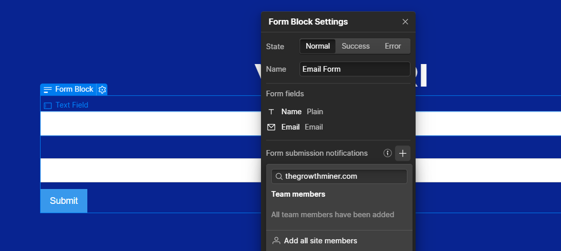 Webflow Contact Form Block Settings